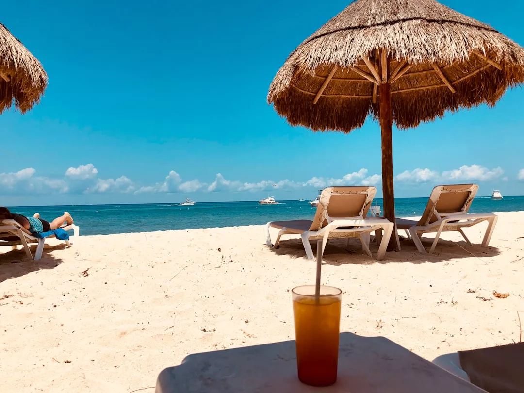 A tropical beach scene with straw umbrellas, lounge chairs, a person relaxing, a drink on a table, and boats on the blue ocean under a clear sky—an ideal spot for premium real estate by the sea.