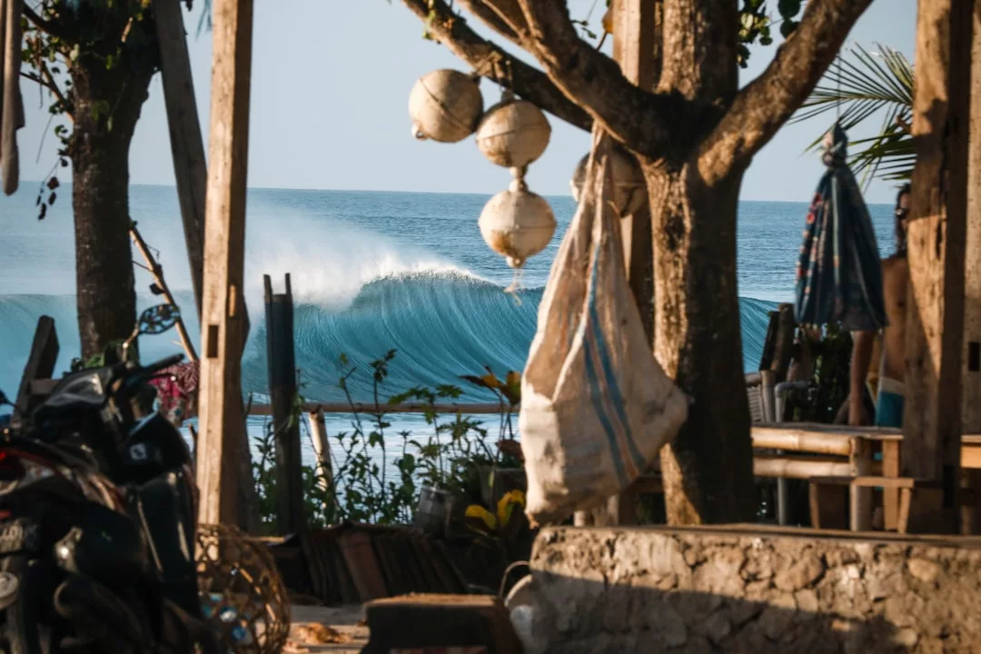 A surfable ocean wave breaks near the shore, viewed through seaside trees and hanging decorations in a rustic outdoor real estate setting.