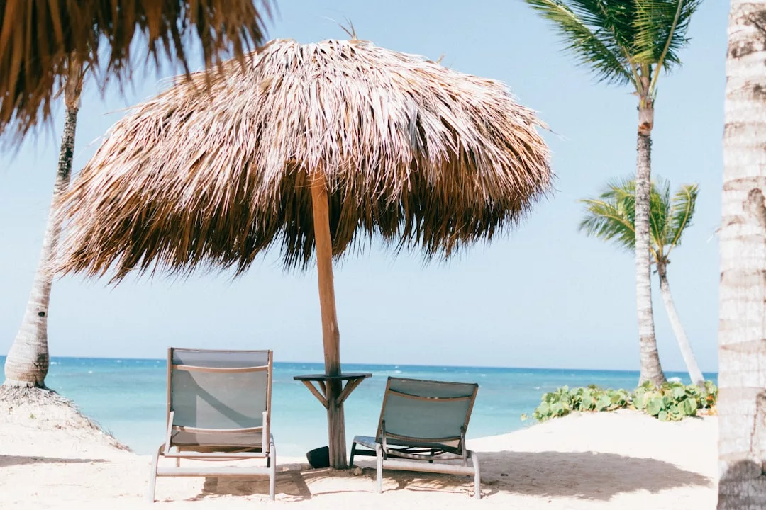Two empty lounge chairs sit under a thatched umbrella on a sandy beach, facing the ocean—an inviting scene perfect for those dreaming of beachfront real estate, with palm trees and clear blue sky in the background.