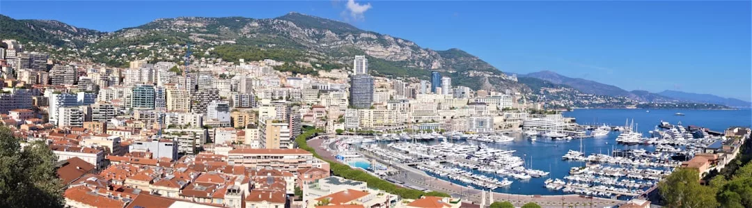 Panoramic view of a coastal city with densely packed buildings and marina, showcasing prime real estate opportunities, set against mountains under a clear blue sky.