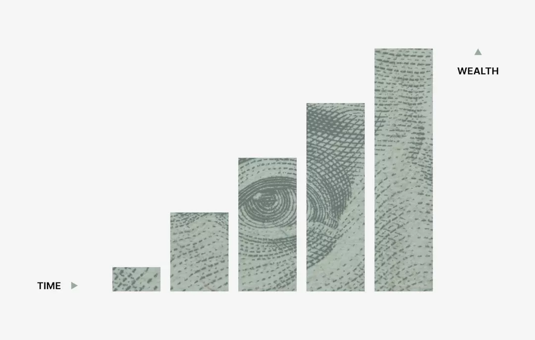 A bar graph with increasing columns, featuring a dollar bill design, labeled "TIME" on the x-axis and "WEALTH" on the y-axis, illustrating Oslo property prices and wealth growth over time.