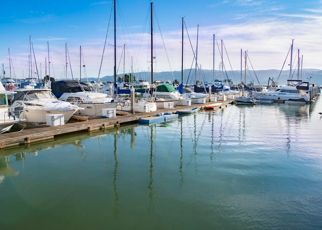 A marina with multiple sailboats and motorboats docked along wooden piers on calm water, with mountains in the background under a blue sky—an inviting scene for real estate seekers drawn to waterfront living.