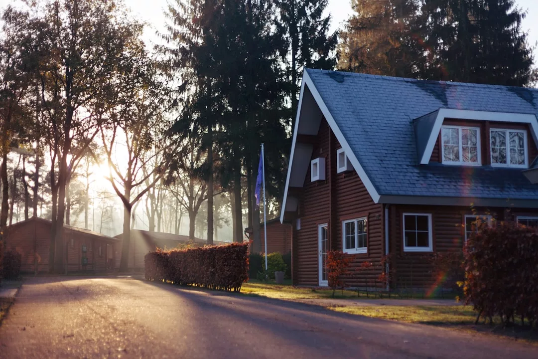 A paved driveway leads to a wooden house with a steep roof, surrounded by trees and bushes, with sunlight filtering through the branches—an inviting real estate opportunity.